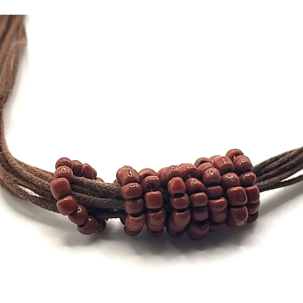 Bohemian Artisan Brown Multilayer Brown Corded Beaded Necklace 18in